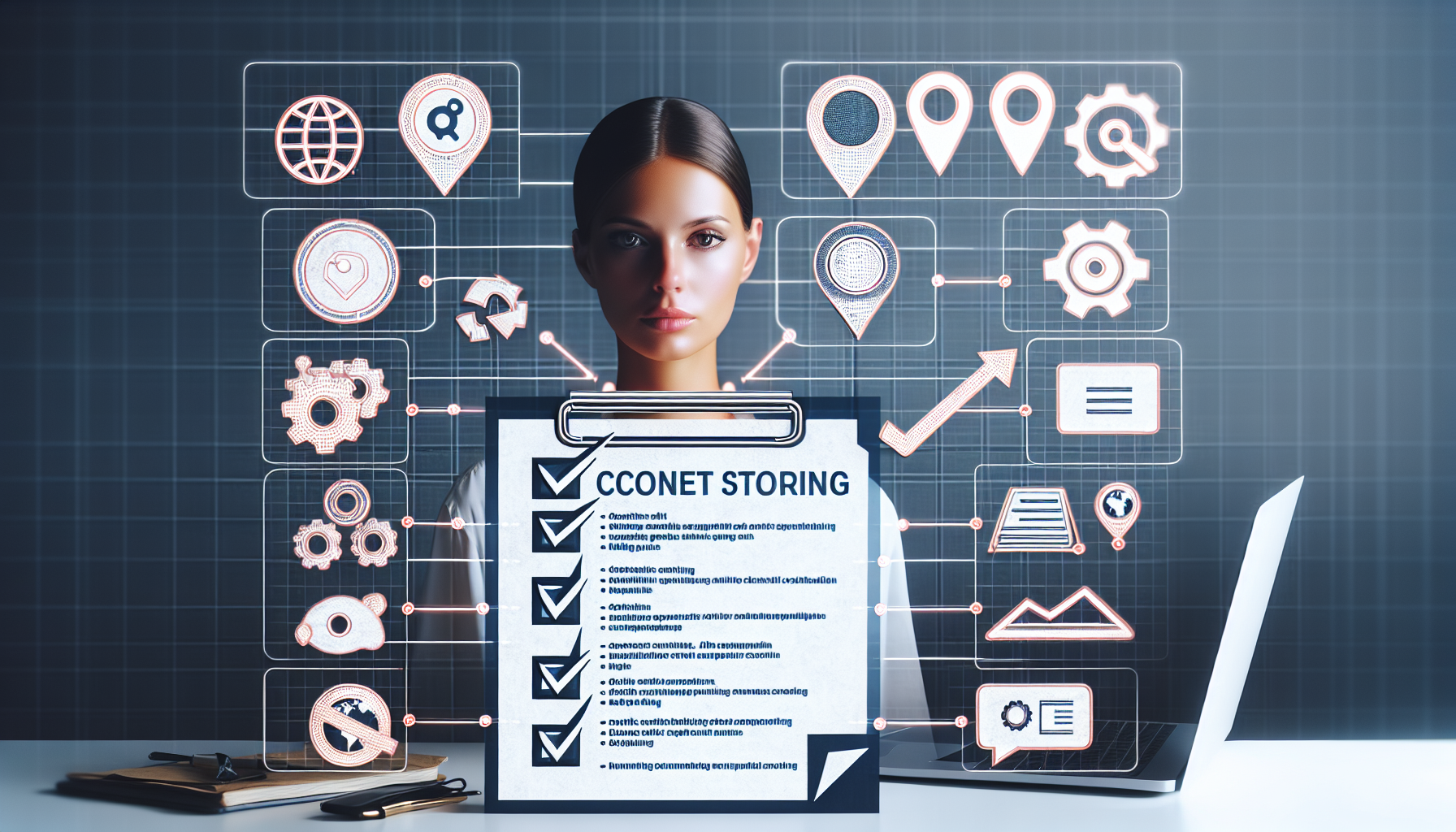 Checklist style infographic of AI-SEO and AEO tasks including citation tracking, content scoring, and local search elements